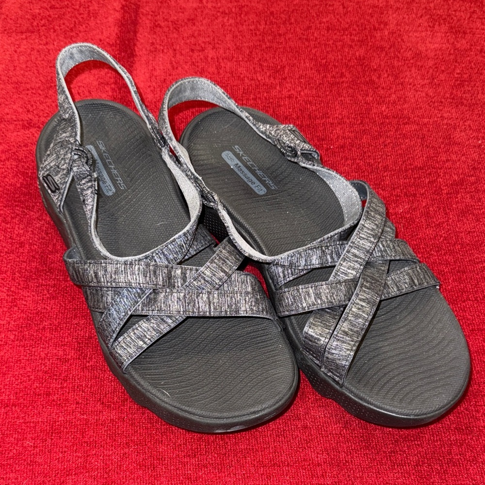 Skechers Women's Black and Gray Cross-Strap Slingback Sandals
